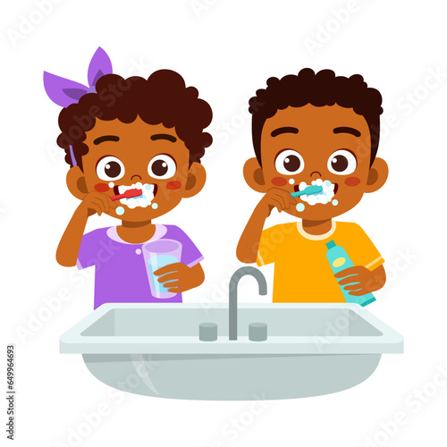 little kid brush teeth with friend together