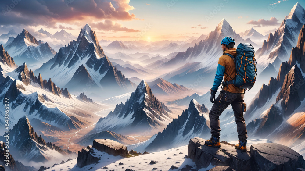 Hiker with backpack on the top of the mountain. Landscape with mountains at sunset. - obrazy, fototapety, plakaty 