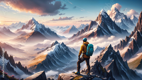Hiker with backpack on the top of the mountain. Landscape with mountains at sunset. photo