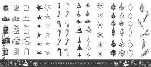 Modern Christmas icons elements Ornaments set, Tree, Stars, Ball, Candy cane, Snow Flake. photo