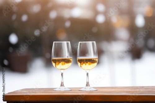 Two wine glasses on a wooden table outdoors, snowy winter background. Generative AI