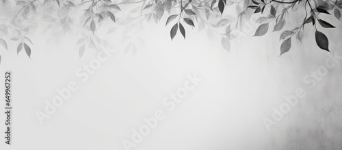 Monochrome nature art on a wall with abstract leaves casting shadows on a gray background and falling natural leaves on a white concrete wall texture for background and wallpaper