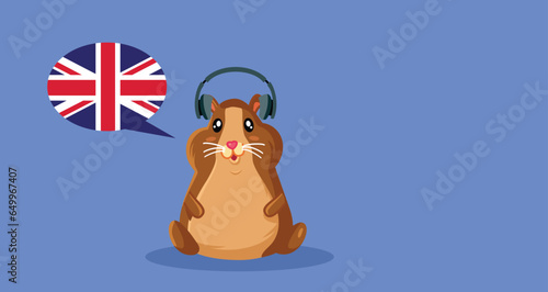 Happy Cartoon Hamster Character Wearing Headphones Listening to Music. Adorable mascot pet learning a foreign language with audio lessons
