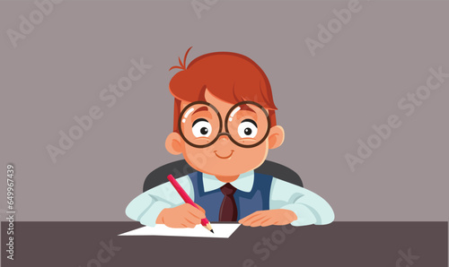 Student Boy Writing at his Desk at School Vector Cartoon Illustration. Schoolkid doing his homework smiling feeling clever and cheerful 

