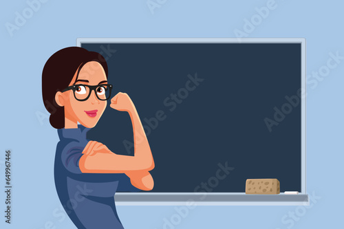 Powerful Teacher Showing Her Strength Vector Cartoon Illustration. Strong professor on strike showing powerful message

