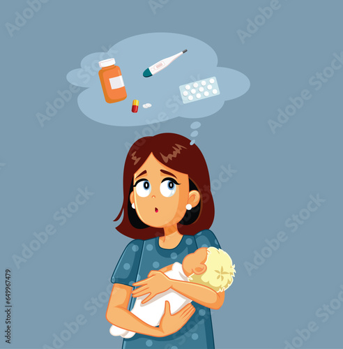 Mom Thinking about a Cure for Her Little Infant with Cold Vector Cartoon. Baby feeling sick making mother very concerned about treatment 
