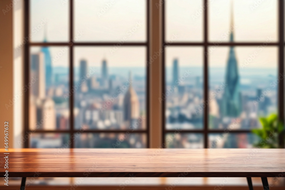 Empty wooden table with city view background, product display montage Empty wooden table with city view background, product display montage