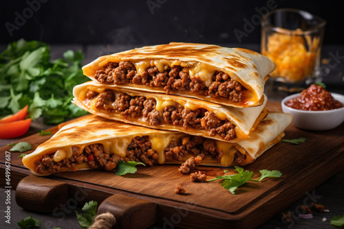 quesadilla mexican fast food on wooden board black backgraund, generativ ai photo