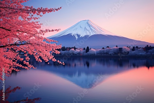 View of Mount Fuji with cherry blossoms and lake in front. © linen