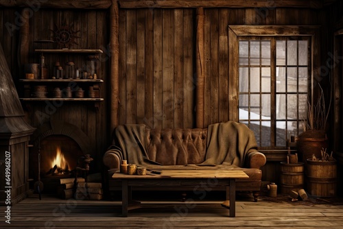 The living room scene consists of a stove leaning on a sofa and chairs in a vintage style.