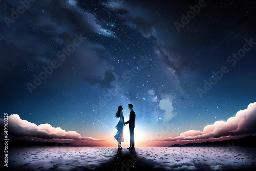 Silhouette of a loving couple against the background of the starry sky