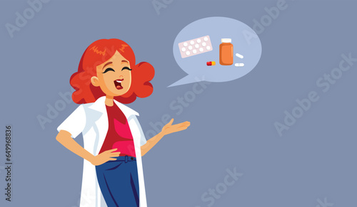Female Doctor Prescribing the Right Medication for a Patient Vector Cartoon. Happy pharmacist recommending preventive medication 
