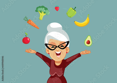 Senior Woman Eating a Healthy Diet and Lifestyle Vector Cartoon Illustration.  Elderly lady balancing a healthy lifestyle with nutritious food 
