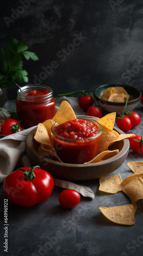 salsa red sauce chips on background mexican in a deep transparent plate with chips on a dark background, generativ ai
