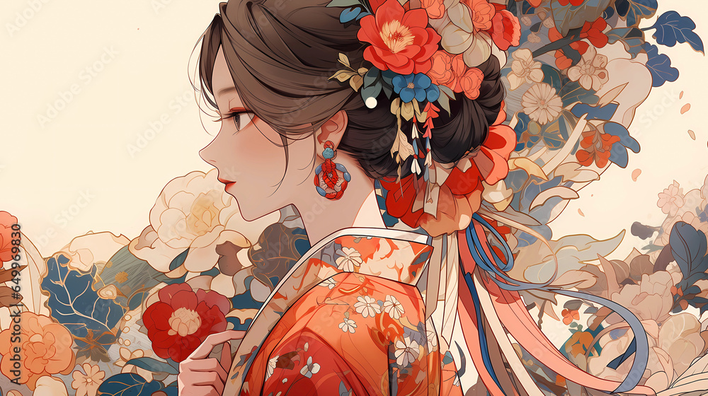 Fototapeta premium Hand drawn cartoon illustration of beautiful oriental palace girl in ancient costume 