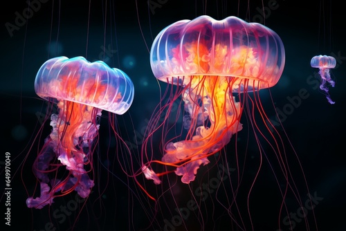 Hypnotic Floating neon jellyfish. Water summer light. Generate Ai