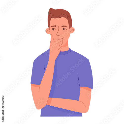 Man thinking. Human in blue t shirt standing and thinking. Concept of man wondering, planning or pondering and holding hand by chin.  Vector  illustration