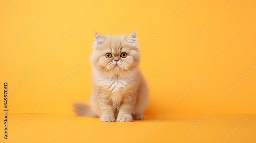 A portrait cute fluffy orange cat sits, orange isolated background. Pet Animal Website concept. Front view., copy space
