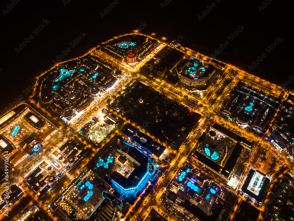 aerial view of illuminated light night city with coast, Tenerife, Canary island