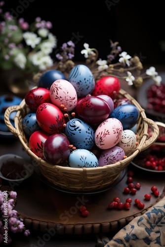 decorating handmade eggs for Easter on the table. rustic style