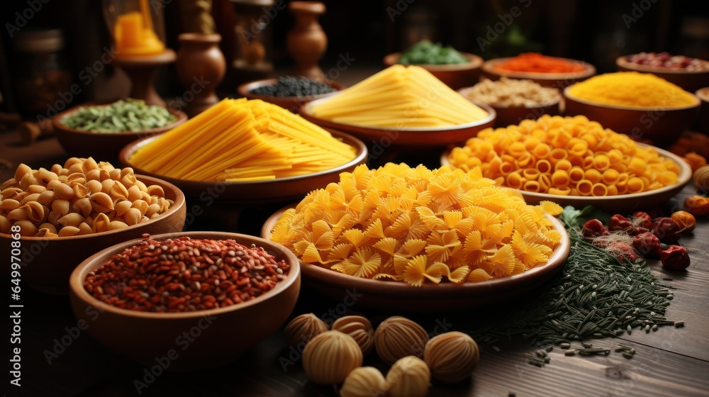 assortment of different types of pasta with spices on the table.