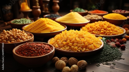 assortment of different types of pasta with spices on the table. © Margo_Alexa