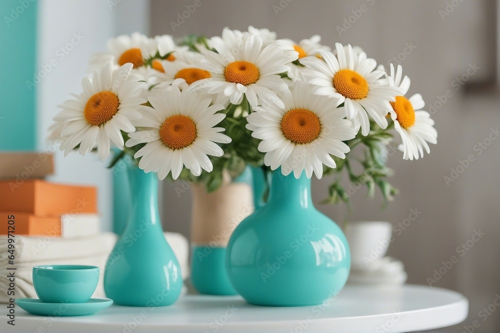 Daisy flowers bouquet in orange vase on white wooden coffee table near turquoise wall background