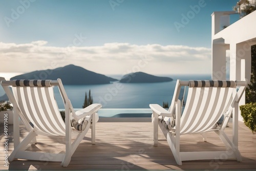 Two deck chairs on the terrace with pool with stunning sea view Traditional Mediterranean white architecture © ArtisticLens