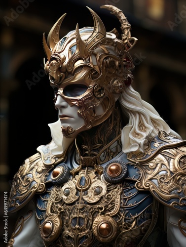 Epic knight in fantasy style in mask and armor with golden patterns. AI