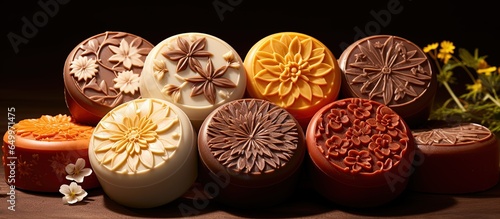 Various sized and colored handmade soap patterns Floral shadows on a brown background Cosmetic stand for promoting products