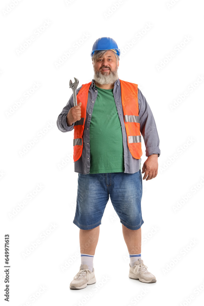 Portrait of senior man in hardhat with wrench isolated on white background. Labor Day celebration Portrait of senior man in hardhat with wrench isolated on white background. Labor Day celebration