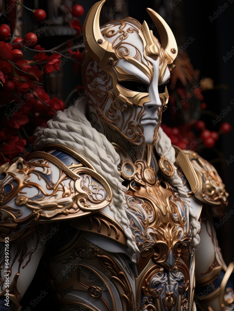 Epic knight in fantasy style in mask and armor with golden patterns. AI Epic knight in fantasy style in mask and armor with golden patterns. AI