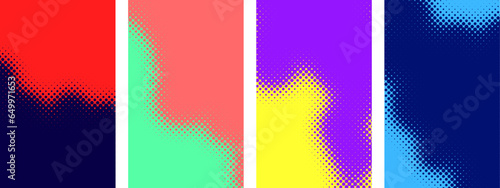 Set of colorful rounded gradient halftone dots backgrounds with space for text. © Vjom