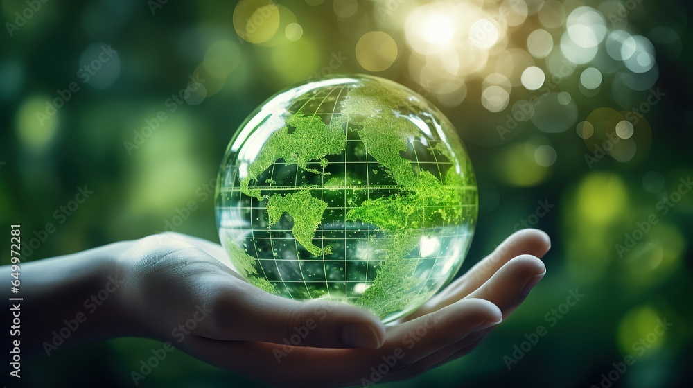 Hands holding green crystal globe ball, CSR, ESG, eco sustainable and low carbon business, environmental concept, Hands holding green crystal globe ball, CSR, ESG, eco sustainable and low carbon business, environmental concept,