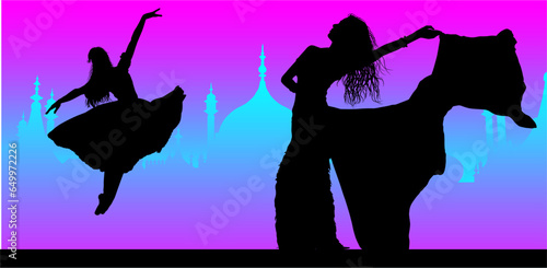 danza, baile, vector, silueta, telas, teatral, india