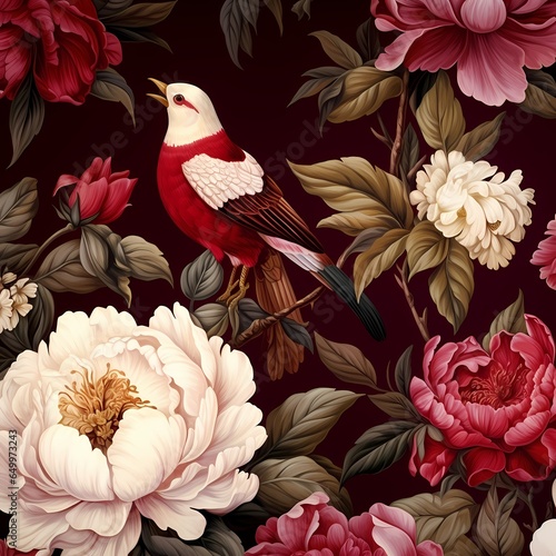 classic chinoiserie Chinese red peonies with bird in painting style pattern 