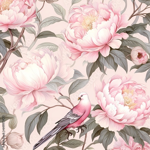 chinoiserie pink peonie with bird seamless pattern © Wipada