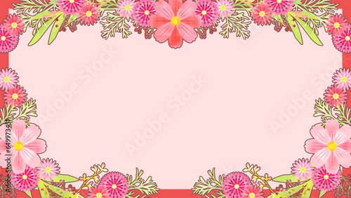 秋の花のイラストフレーム、水彩風、16:9サイズ