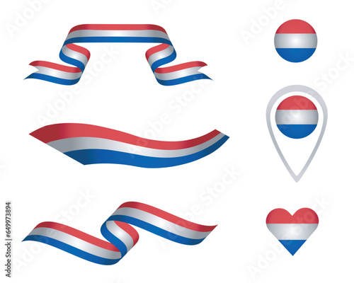 Illustration of colored ribbons, map pointer, ball and heart. Red, white and blue alluding to heraldic colors of some flags. Vector isolated on transparent background