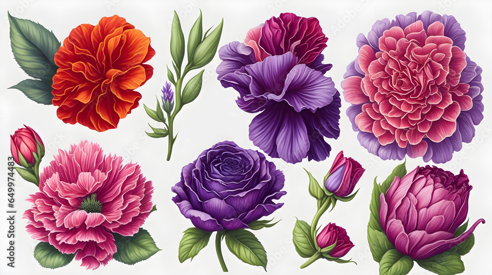 Set of colorful flowers. Watercolor effect.