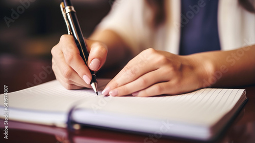 close up of female hands writing in notebook on a desk in office