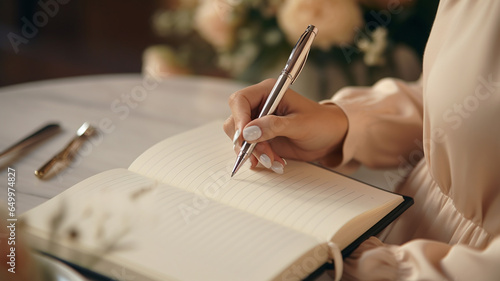 close up of female hands writing in notebook on a desk in office