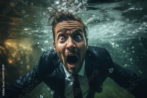 Businessman drowning in water. Debt concept. Portrait with selective focus and copy space