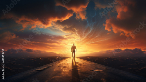 a man in a bright sunset on a asphalt road.