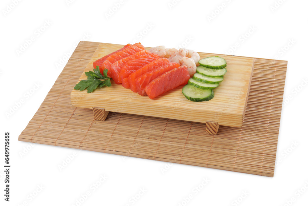 Delicious sashimi set of salmon and shrimps served with cucumbers and parsley isolated on white Delicious sashimi set of salmon and shrimps served with cucumbers and parsley isolated on white