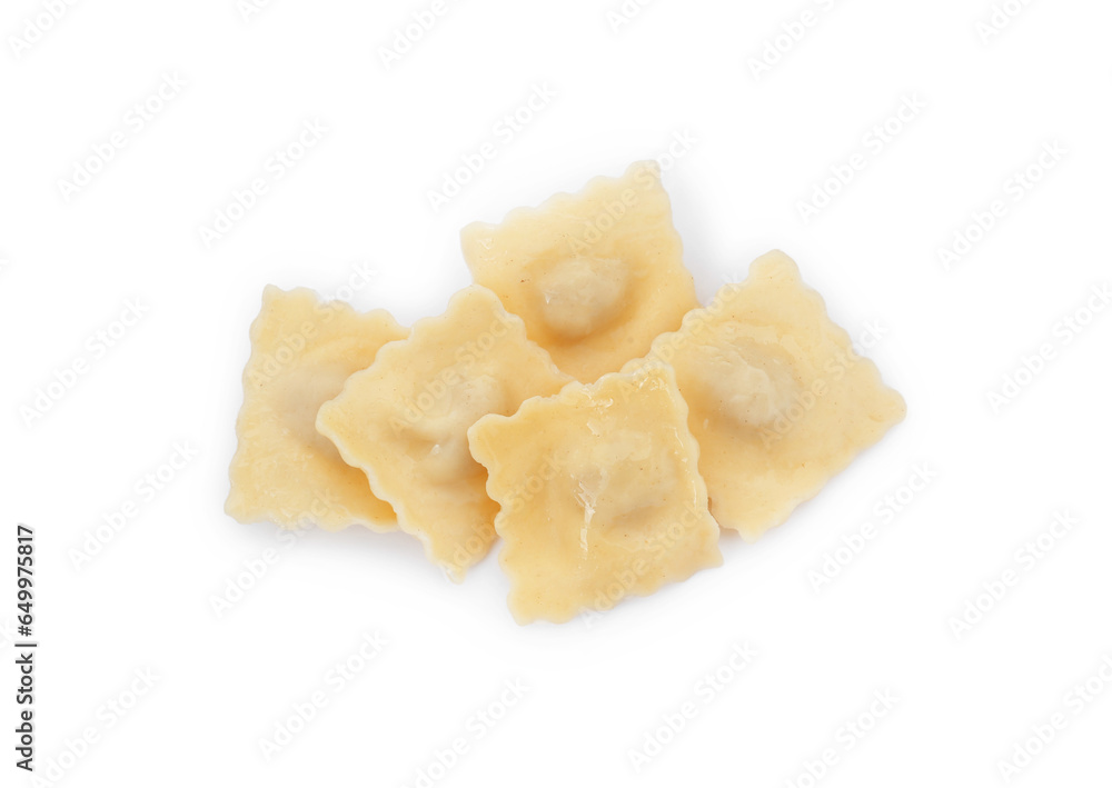 Delicious ravioli with tasty filling isolated on white, top view