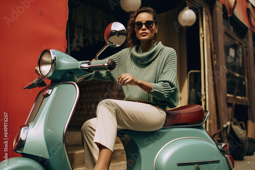 An attractive person in retro stylish wear sitting on old scooter in city street © Oleksandr Kozak