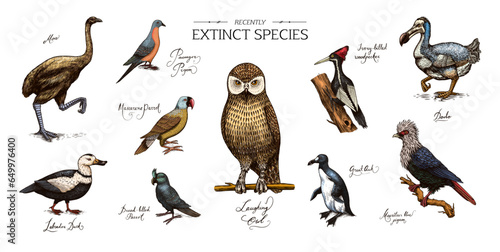 Extinct species. Wild mammal animals and birds.Dodo. Moa Passenger pigeon Great auk. Penguin. Mascarene parrot. Labrador duck. Laughing owl. Hand drawn vector engraved sketch. Graphic vintage style.  photo