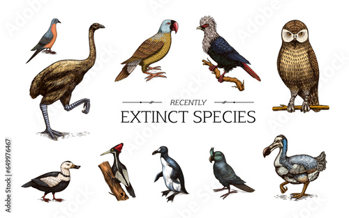 Extinct species. Wild mammal animals and birds.Dodo. Moa Passenger pigeon Great auk. Penguin. Mascarene parrot. Labrador duck. Laughing owl. Hand drawn vector engraved sketch. Graphic vintage style. 