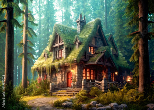 Fantasy old house in the forest. Illustration, created with generative ai technology